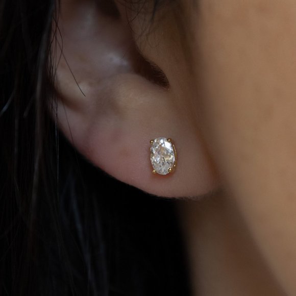 Sterling Silver Gold Classy Oval Solitaire Earrings, Gold Oval CZ Studs - Picture 1 of 2